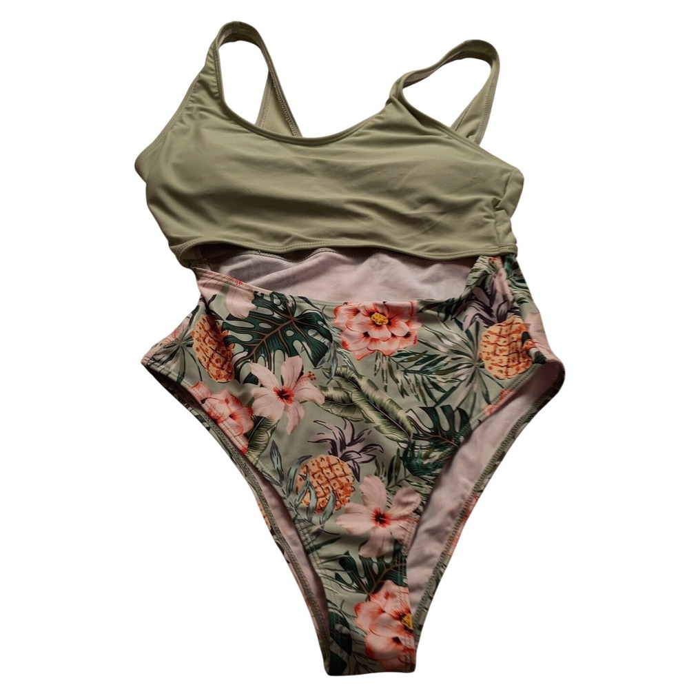Unbranded Swimsuit Women's Tropical Floral Pineapple High Waist Green Size M